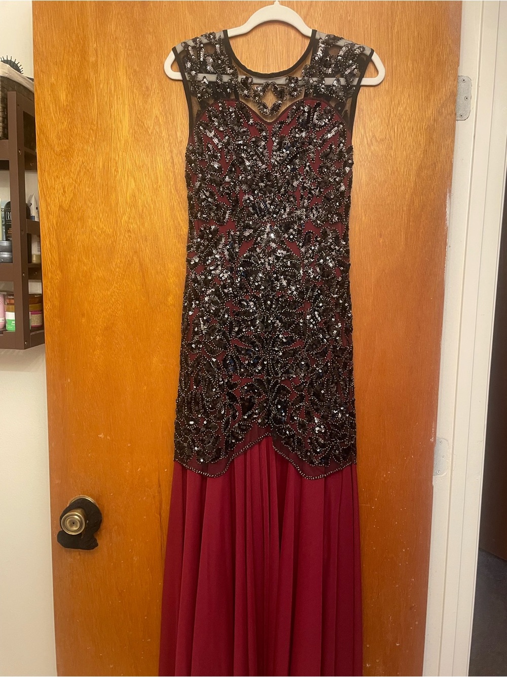 Beaded Burgundy Prom Dress with Black Sequin Overlay